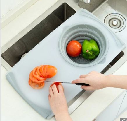 Long Thickened Sink Cutting Board with Folding Drain Basket - Smokey Gray