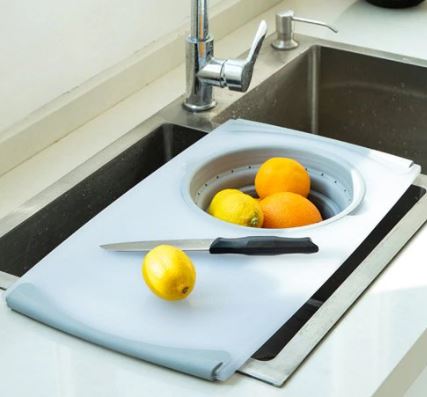 Long Thickened Sink Cutting Board with Folding Drain Basket - Smokey Gray